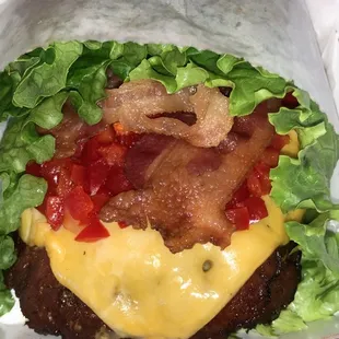 SmokeShack® Single or Double cheeseburger with Niman Ranch applewood-smoked bacon, chopped cherry peppers, ShackSauce. - LowCarb