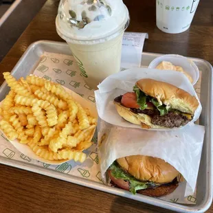 Pumpkin shake, shack burger, fries