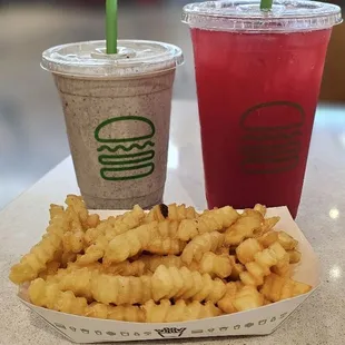 Oreo milkshake,  Dragonfruit Pomegranate Lemonade and crinkle cut fries