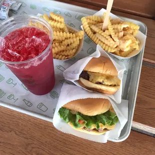 ShackBurger, Cheeseburger, Cheese Fries, Fries, and Blackberry Lychee Lemonade