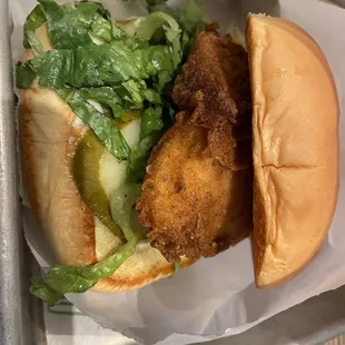 Chicken Shack - Crispy, white-meat chicken breast over lettuce, pickles, and buttermilk herb mayo on a toasted potato bun