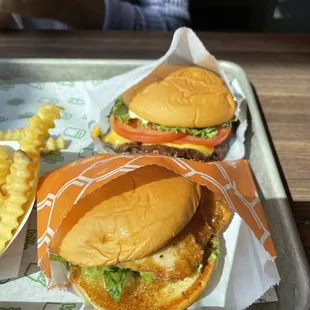 The ShackBurger and Hot Honey Chicken sandwich.