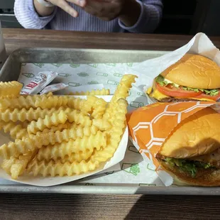 Our whole meal of Fries, Hot Honey Chicken, and ShackBurger