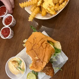 Chicken sandwich. Cheese fries.