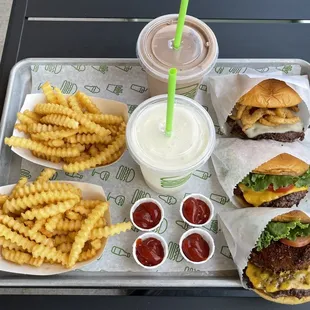 Vanilla milkshake, chocolate milkshake, Shack Stack, ShackBurger and White Truffle Burger Fries