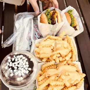 Cornflake Chocolate Drizzle Shake, Cheese Fries, and ShackBurgers