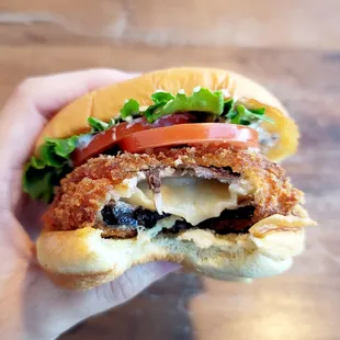 &apos;Shroom Burger - fried portebello mushroom patty with melted cheese inside