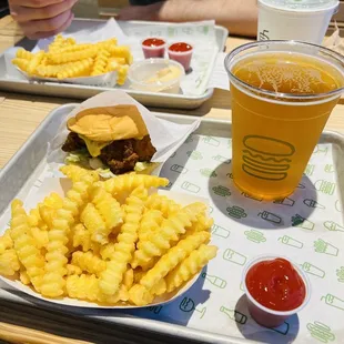 The limited Hot Honey Crispy Chicken Sandwich ($7.19) w/ honey glaze &amp; habanero sauce, ShackMeister Ale ($5.69 &amp; 4.8% ABV) &amp; fries ($2.99).