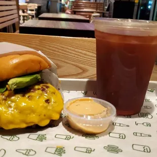 Double Cheeseburger with Avocado and Iced Tea