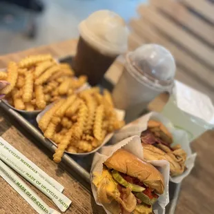 Bourbon Bacon Jam Burger &amp; SmokeShack Burger, fries with a Root  Beer Float, OREO Cookie Funnel Cake Shake and Lemonade