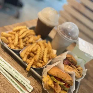 Bourbon Bacon Jam Burger &amp; SmokeShack Burger, fries with a Root  Beer Float, OREO Cookie Funnel Cake Shake and Lemonade