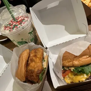 All of the YUM! Chicken Shack, ShackBurger, and a shake (holiday shake)