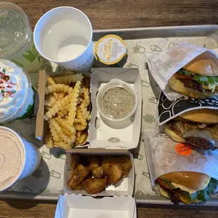 Lemonade, Christmas Cookie Shake, Strawberry Shake.  Truffle fries and chicken bites, shake burger, truffle burger, &amp; shack stack burger