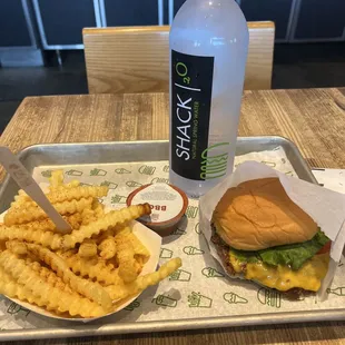 shackburger, fries, water