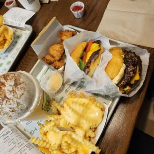 Link shack burger, shake shack burger, chicken bites, cheese fries, tiramisu shake