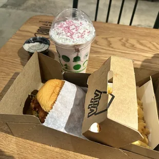 Chicken sandwich, cherry blossom seasonal shake &amp; fries.