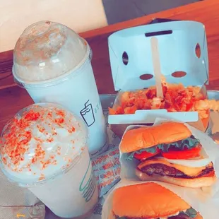 Shake, root beer float, fries and hamburgers