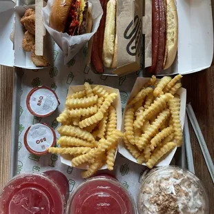 Hot Dogs and burger with fries &amp; dessert