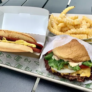 double shack burger, flat-top hot dog, and crinkle cut fries