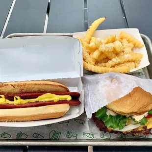 double shack burger, flat-top hot dog, and crinkle cut fries