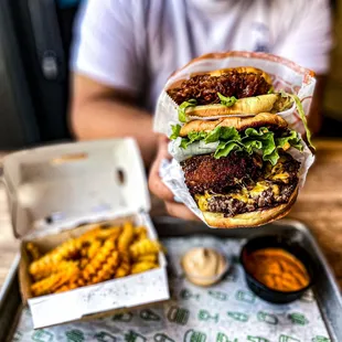 Hot honey chicken sandwich, Shack Stack, and Hot honey fries