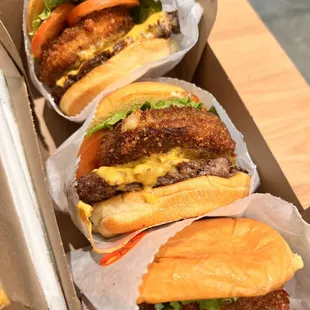 three burgers in a box