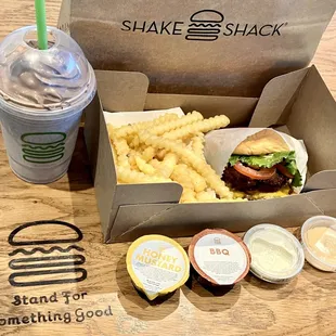 Oreo cookie funnel cake shake, fries, shack stack and sauces.