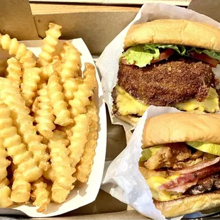 Shack stack, smoky classic bbq burger, fries