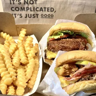 Shack stack, smoky classic bbq burger, fries