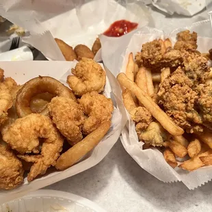 two baskets of fried food