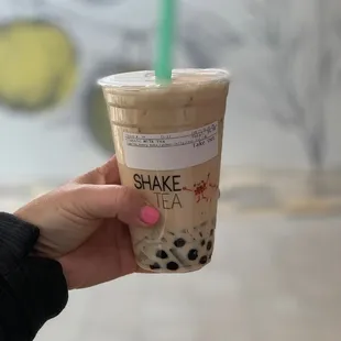 Classic Milk Tea w/honey boba + lychee jelly