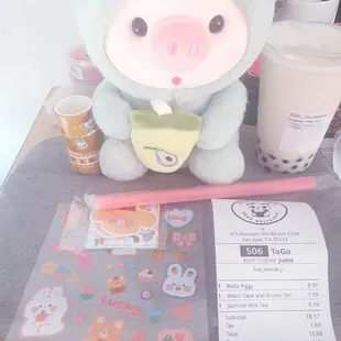 Washi tape &amp; sticker set, Jasmine Milk Tea with boba, Boba Piggy plush, and today's receipt