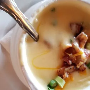 Loaded Creamy Potato Soup ( It WAS loaded but I dived right in).