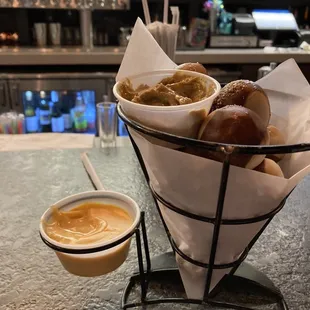 Pretzel bites with cheese and mustard. Great!!