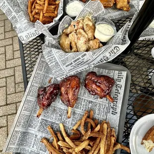 Grippo wings and fries, garlic wings, pork wings and fries