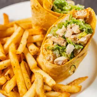 a chicken wrap and french fries