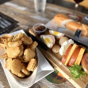 Battered pickles and cheese scotch egg plate