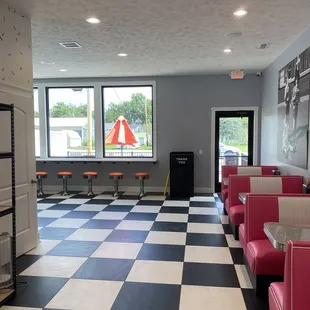 a checkerboard floor in a diner