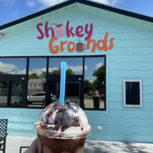 Cookies And Cream Grinder in front of the restaurant