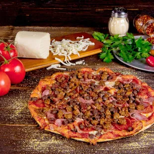 a pizza on a wooden table