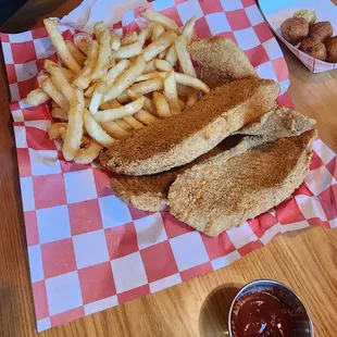 Tilapia, fries and hush puppies