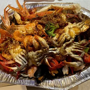 a platter of seafood on a table