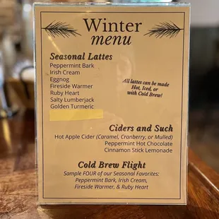 Winter coffee menu