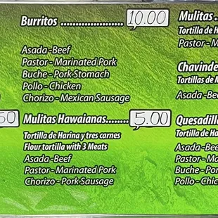 menu for the restaurant