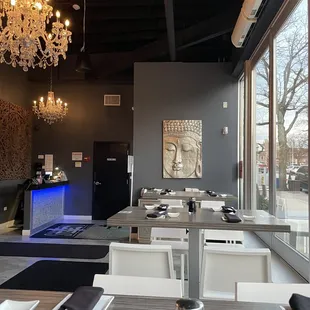 a dining room with a chandelier