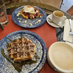 Traditional Liege Waffle: topped with sea salt caramel  Savory Waffle:   The Big Blue London fog Macchiato