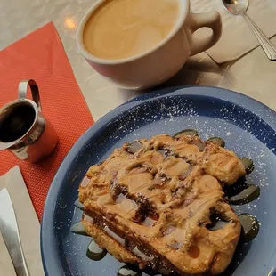 Liege Waffle with Caramel Sea Salt and Peanut Butter. Café Latte.