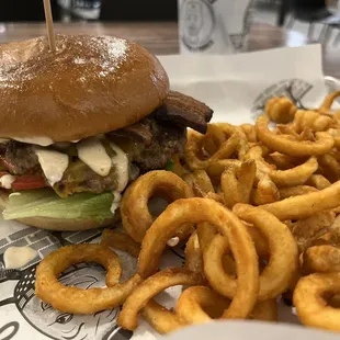 a burger and onion rings