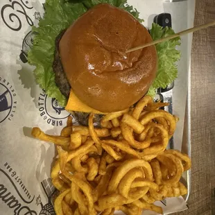 "No Meat, No Problem" burger with curly fries.
