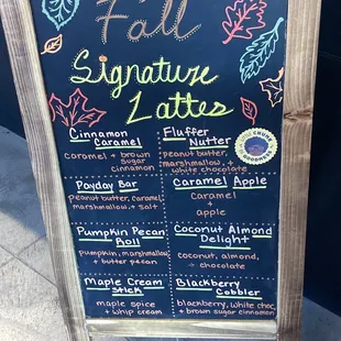 Menu of fall 2022 specialty drinks